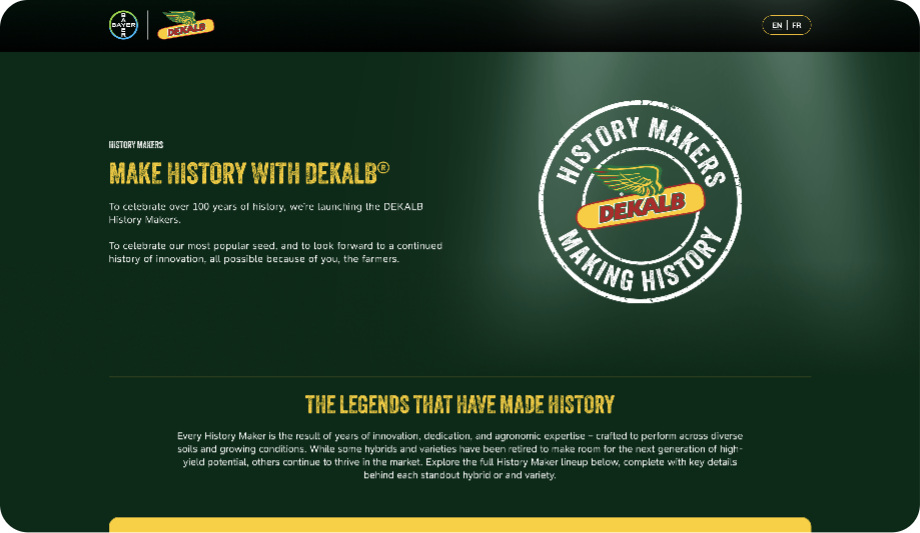 Screenshot of a webpage promoting DEKALB History Makers with green background, DEKALB logo, and text highlighting over 100 years of agricultural innovation.